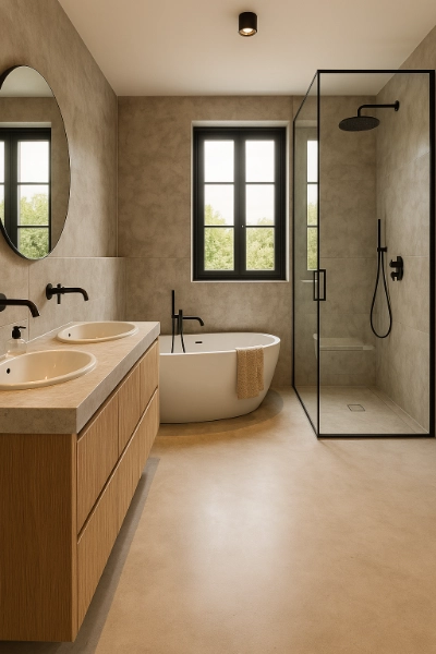 Op zoek naar een badkamer met een microcementvloer.